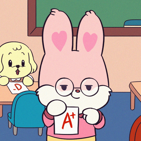 The character is holding a piece of paper with an A+ score