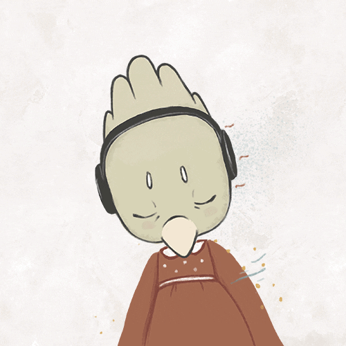 A painted bird listens to music in headphones